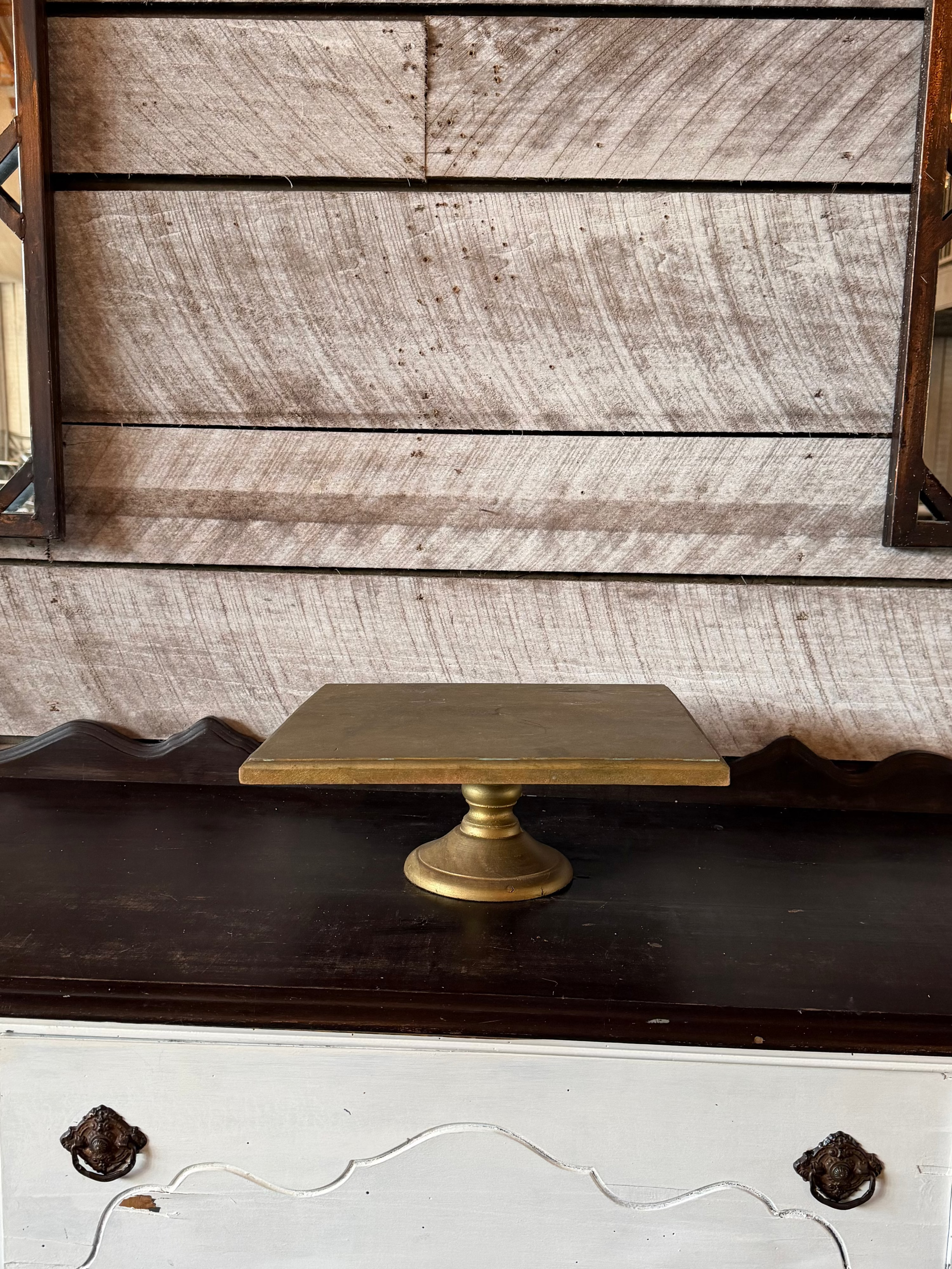 Square Cake Stand - Gold Stand With Wood Base