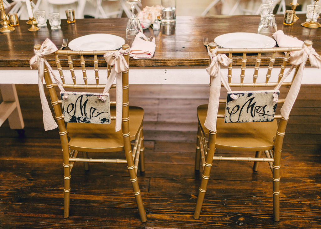 Mr. & Mrs. Chair Signs with Champagne Colored Ribbon