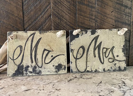 Mr. & Mrs. Chair Signs with Champagne Colored Ribbon